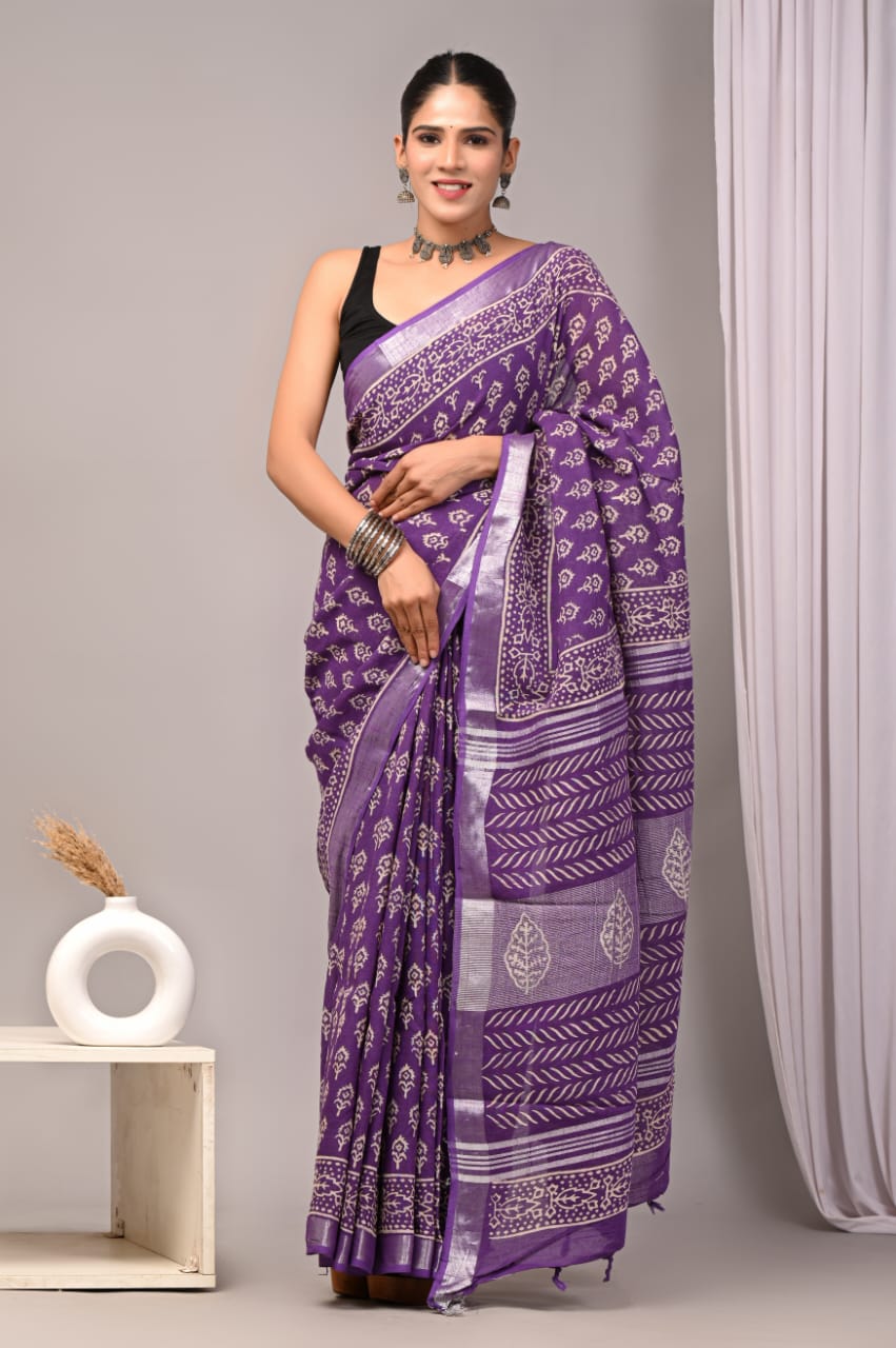 HAND BLOCK BLACK & WHITE PRINTED COTTON LINEN SAREE WITH BLOUSE  (LCS35)