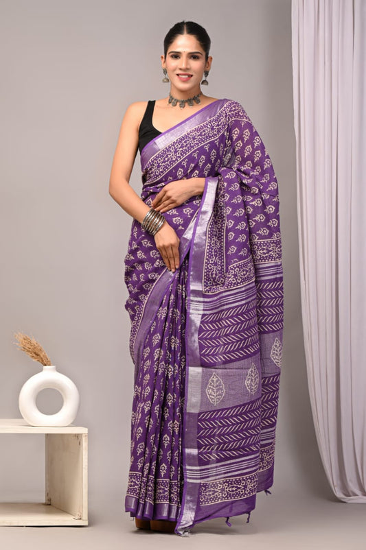 HAND BLOCK BLACK & WHITE PRINTED COTTON LINEN SAREE WITH BLOUSE  (LCS35)