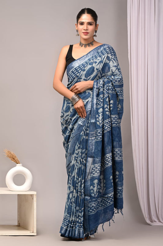 HAND BLOCK BLACK & WHITE PRINTED COTTON LINEN SAREE WITH BLOUSE  (LCS36)