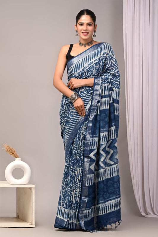 HAND BLOCK BLACK & WHITE PRINTED COTTON LINEN SAREE WITH BLOUSE  (LCS37)