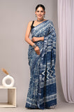 HAND BLOCK BLACK & WHITE PRINTED COTTON LINEN SAREE WITH BLOUSE  (LCS37)