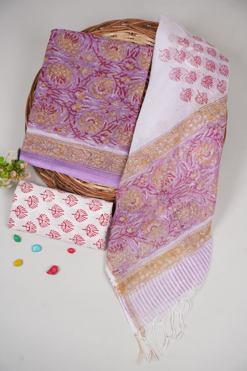 HAND BLOCK PRINTED KOTA DORIYA SUIT WITH KOTA DORIYA DUPPATA (FKS33)