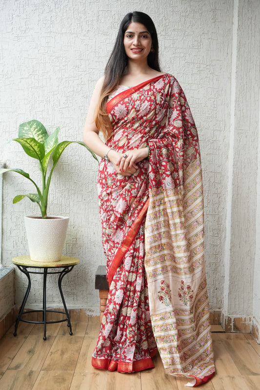 Jaipuri Hand Block Bagru Printed Maheshwari Silk Saree With Blouse (MSS6)