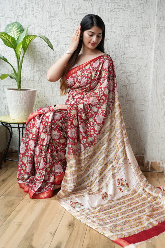 Jaipuri Hand Block Bagru Printed Maheshwari Silk Saree With Blouse (MSS53)