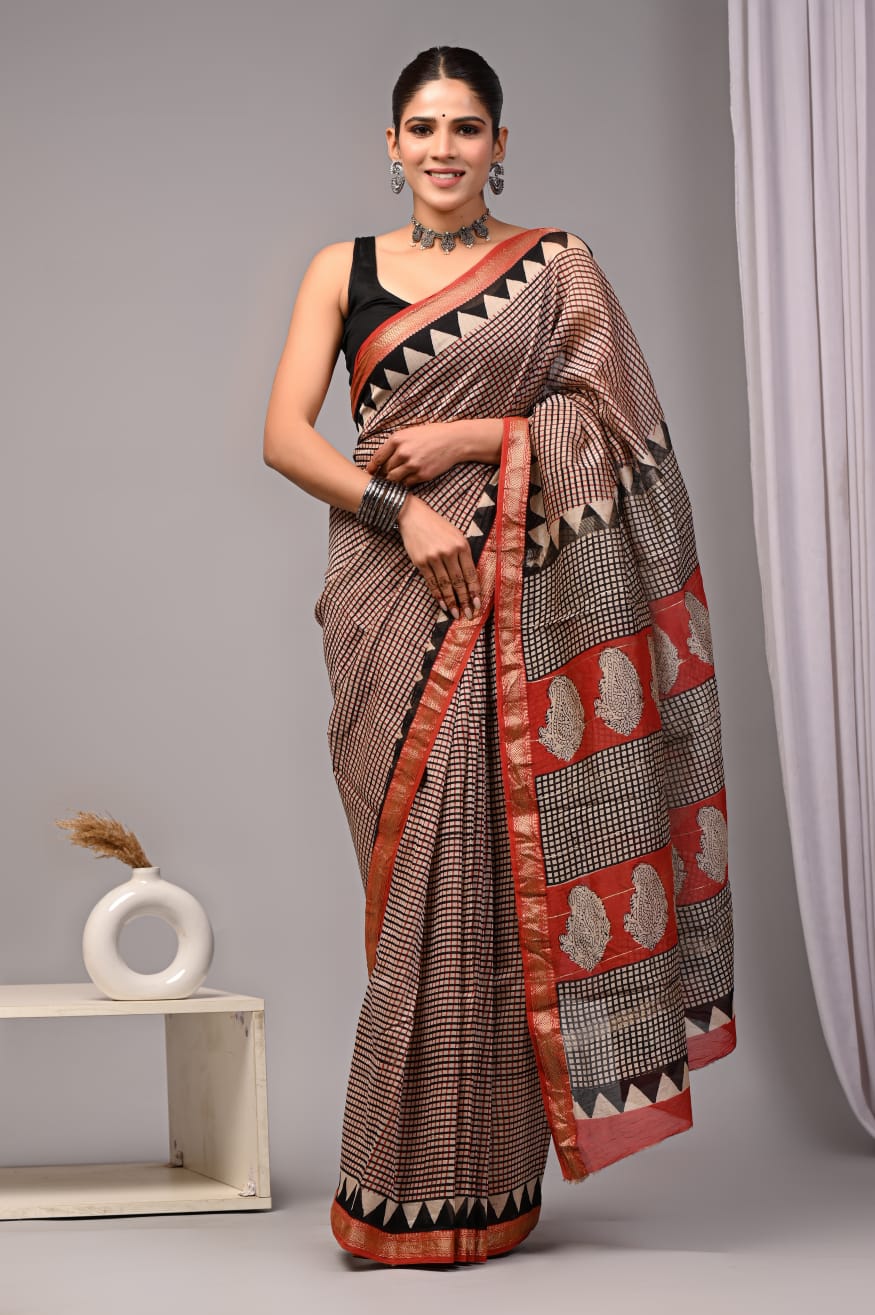 Jaipuri Hand Block Bagru Printed Maheshwari Silk Saree With Blouse (MSS61)