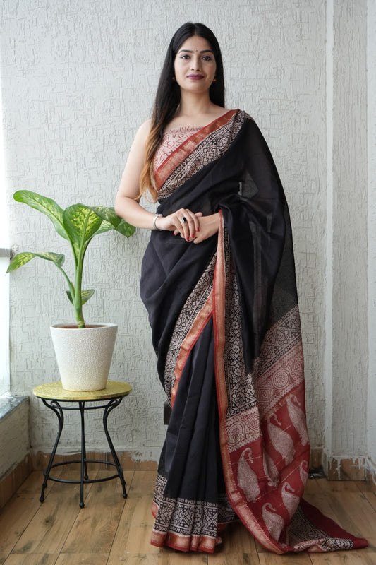 Jaipuri Hand Block Bagru Printed Maheshwari Silk Saree With Blouse (MSS63)