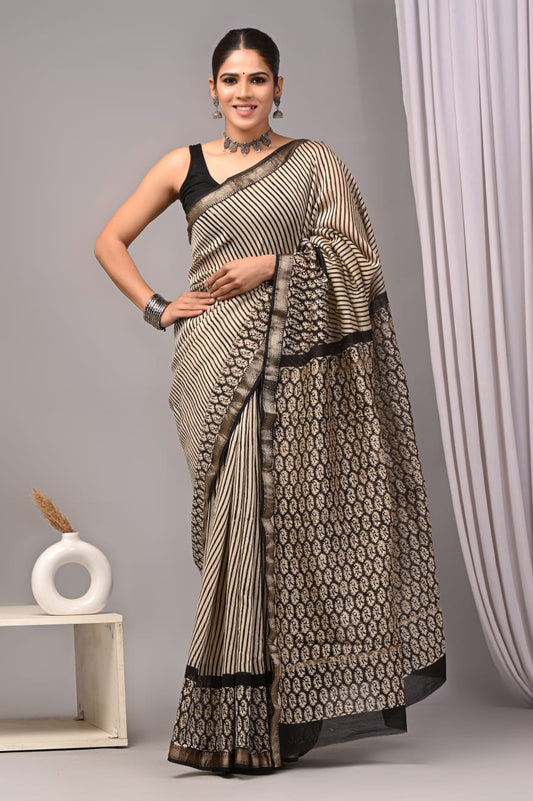 Jaipuri Hand Block Bagru Printed Maheshwari Silk Saree With Blouse (MSS66)