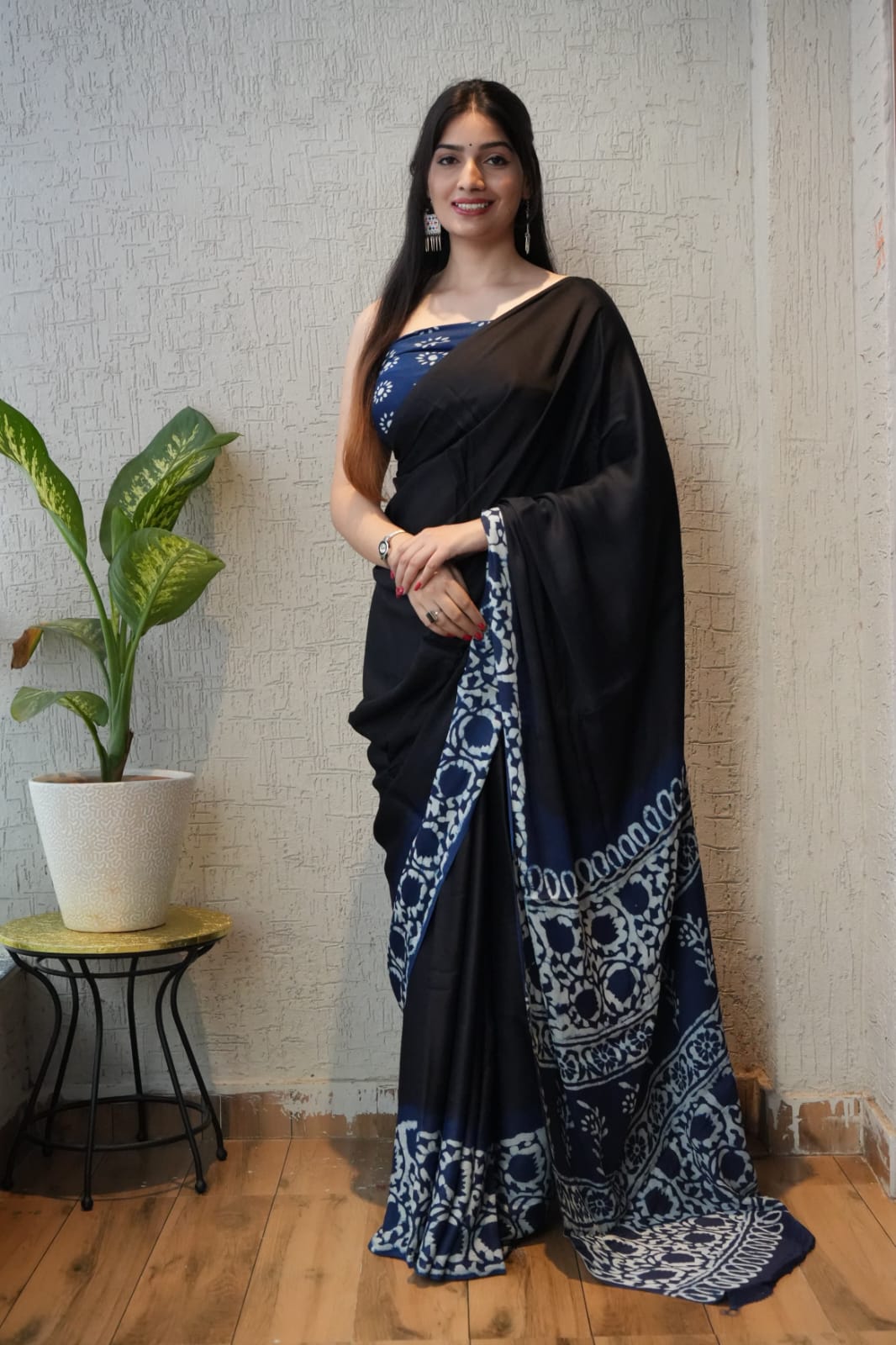 Ajrakh Hand Block Bagru Vanspati Printend Modal Silk Saree with Blouse (CID21)
