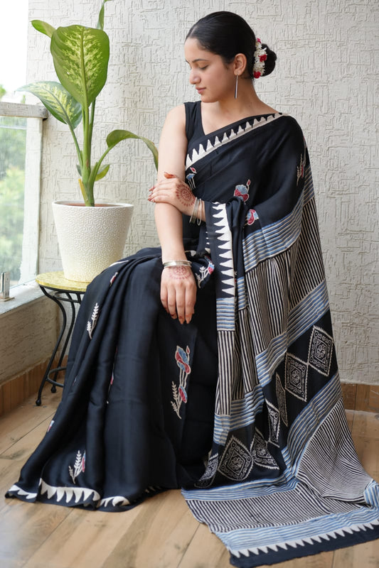 Ajrakh Hand Block Bagru Vanspati Printend Modal Silk Saree with Blouse (CID13)