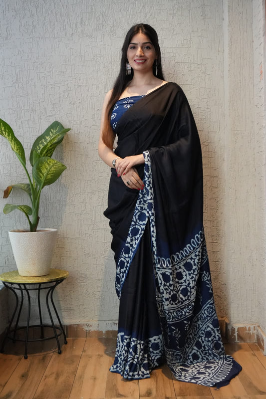 Ajrakh Hand Block Bagru Vanspati Printend Modal Silk Saree with Blouse (CID21)