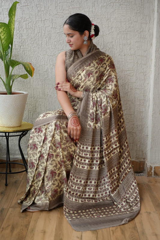 Ajrakh Hand Block Bagru Vanspati Printend Modal Silk Saree with Blouse (CID22)