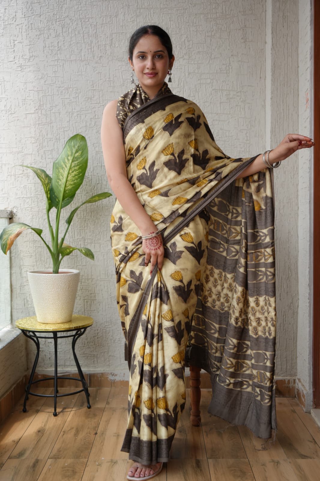 Ajrakh Hand Block Bagru Vanspati Printend Modal Silk Saree with Blouse (CID25)