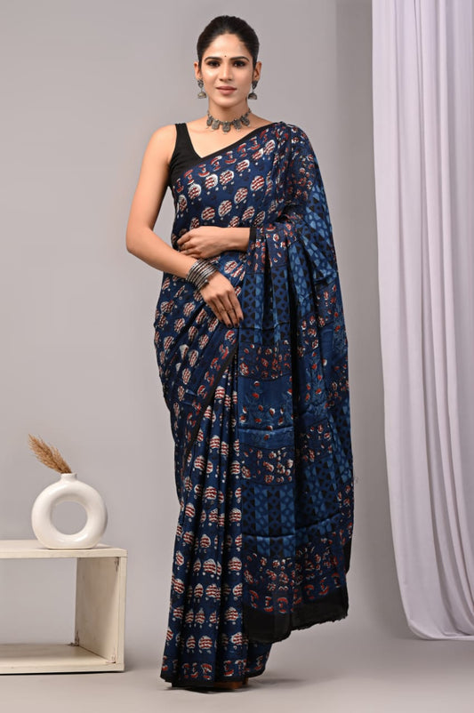 Ajrakh Hand Block Bagru Vanspati Printend Modal Silk Saree with Blouse (CID24)