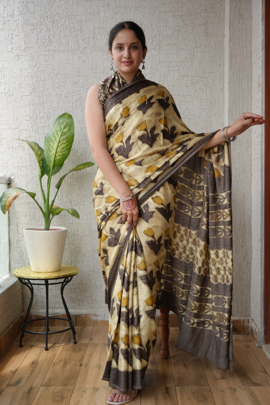 Ajrakh Hand Block Bagru Vanspati Printend Modal Silk Saree with Blouse (CID25)