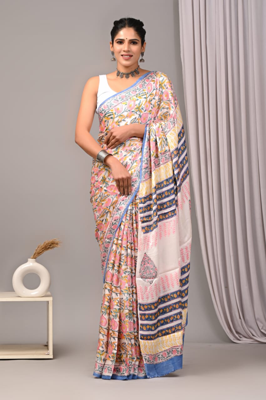 Ajrakh Hand Block Bagru Vanspati Printend Modal Silk Saree with Blouse (CID31)