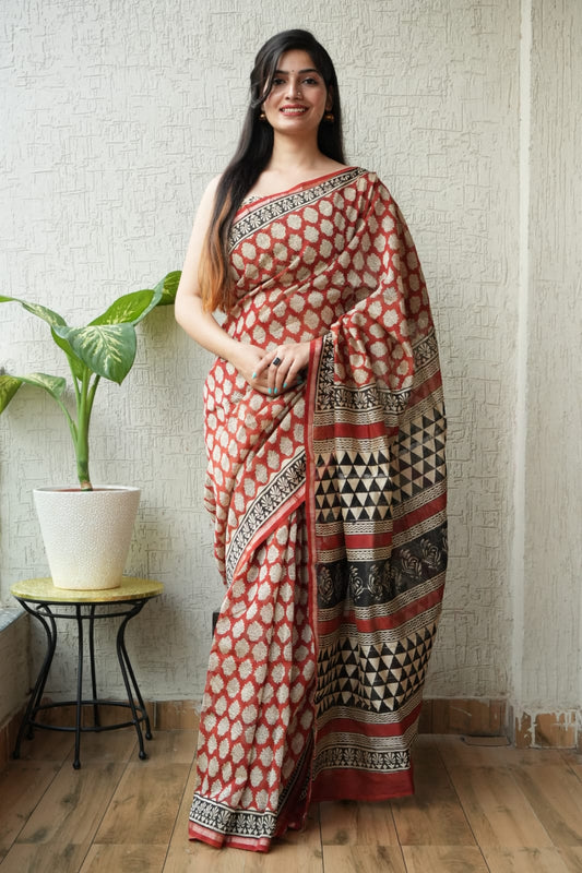 Bagru Hand Block Printed Chanderi Silk Saree with Blouse (CSS3)