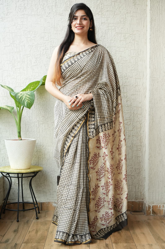 Bagru Hand Block Printed Chanderi Silk Saree with Blouse (CSS7)