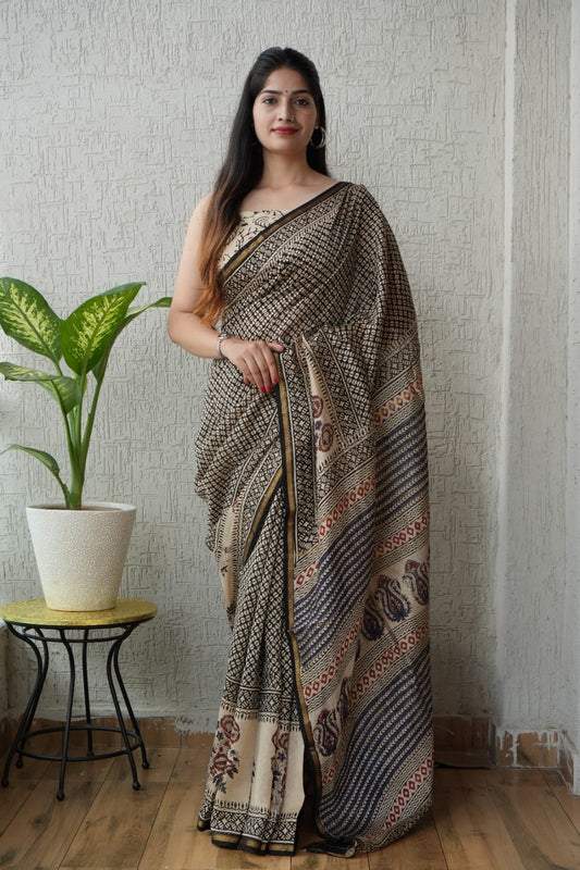Bagru Hand Block Printed Chanderi Silk Saree with Blouse (CSS2)