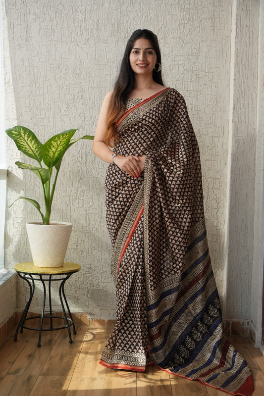 Bagru Hand Block Printed Chanderi Silk Saree with Blouse (CSS4)
