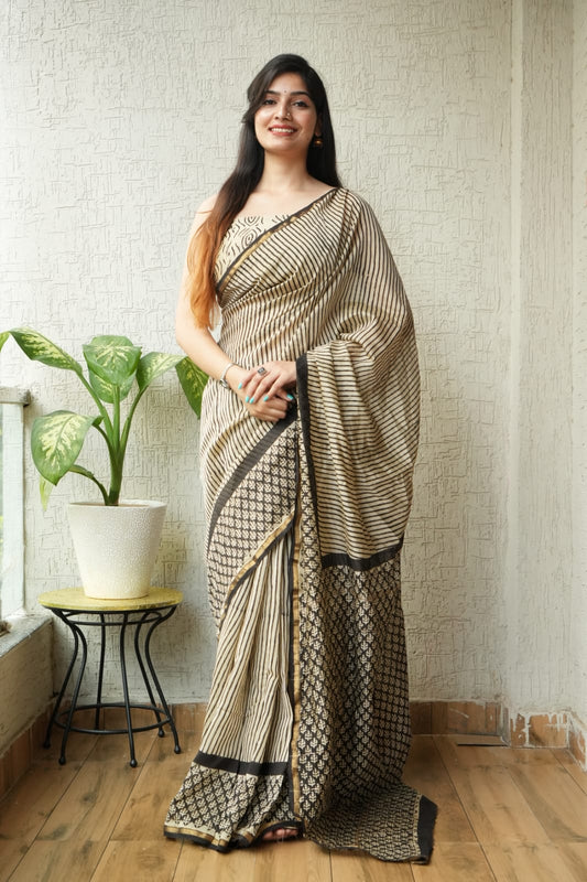 Bagru Hand Block Printed Chanderi Silk Saree with Blouse (CSS40)