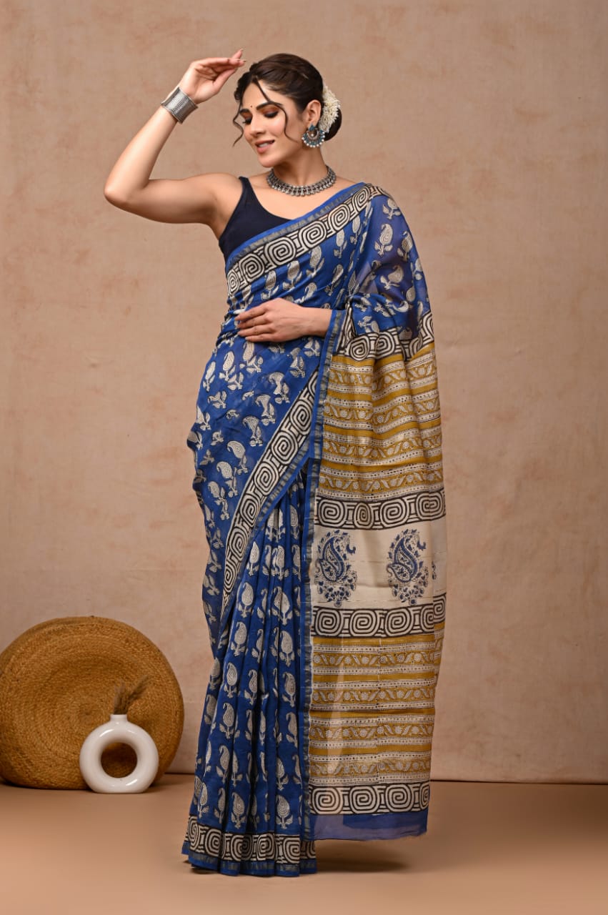 Bagru Hand Block Printed Chanderi Silk Saree with Blouse (CSS43)