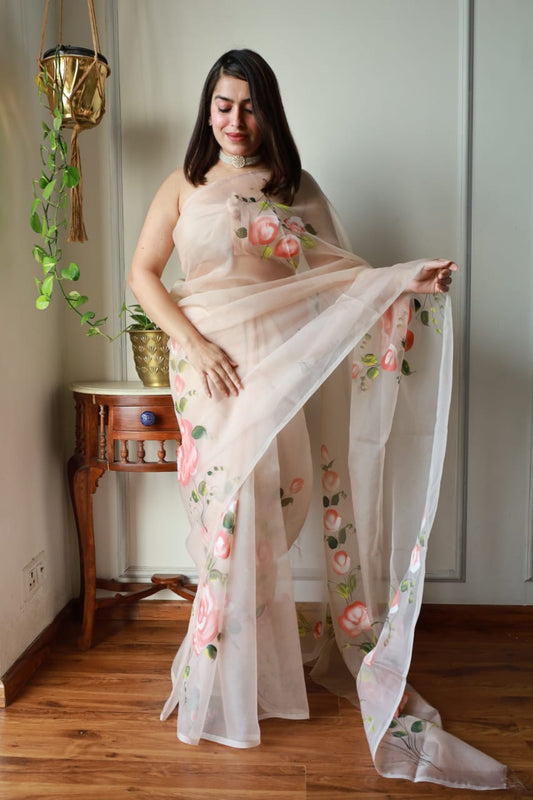 HAND BURSH PAINTED ORGANZA SILK SAREE WITH BLOUSE (CIB15)