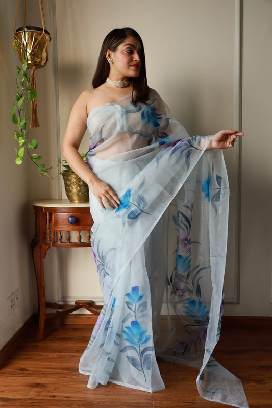 HAND BURSH PAINTED ORGANZA SILK SAREE WITH BLOUSE (CIB17)