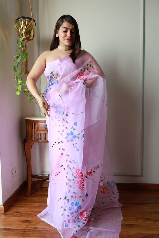 HAND BURSH PAINTED ORGANZA SILK SAREE WITH BLOUSE (CIB19)