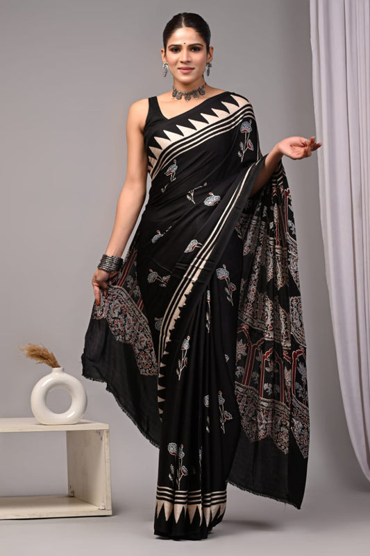 HAND BLOCK PRINTED AJARKH MODAL SILK SAREE (CIG26)