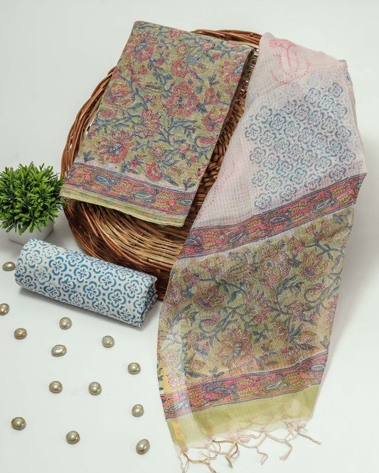 HAND BLOCK PRINTED KOTA DORIYA SUIT WITH KOTA DORIYA DUPPATA (FKS56)