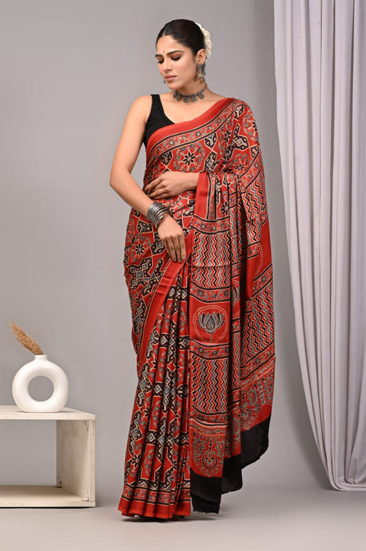 HAND BLOCK PRINTED AJARKH MODAL SILK SAREE (CIG1)