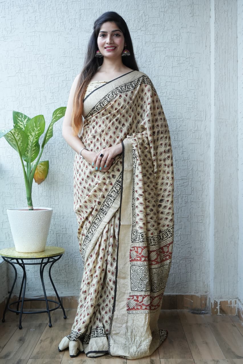 HAND BLOCK BAGRU PRINTED ART SILK CHANDERI SAREE WITH BLOUSE  (CIH1)