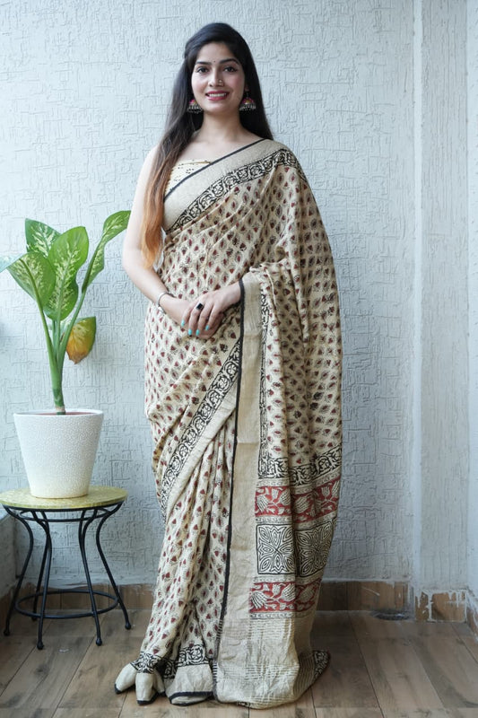 HAND BLOCK BAGRU PRINTED ART SILK CHANDERI SAREE WITH BLOUSE  (CIH1)