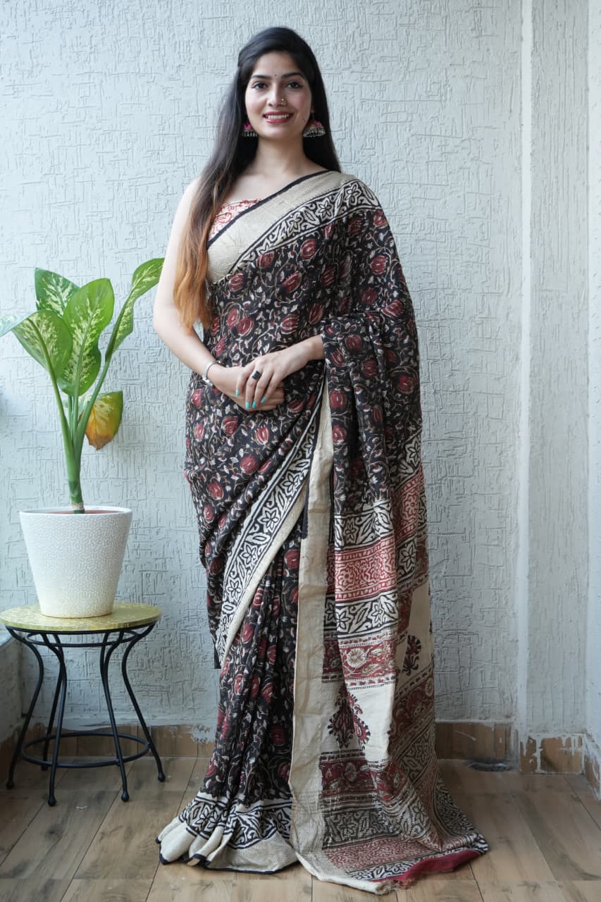 HAND BLOCK BAGRU PRINTED ART SILK CHANDERI SAREE WITH BLOUSE  (CIH3)