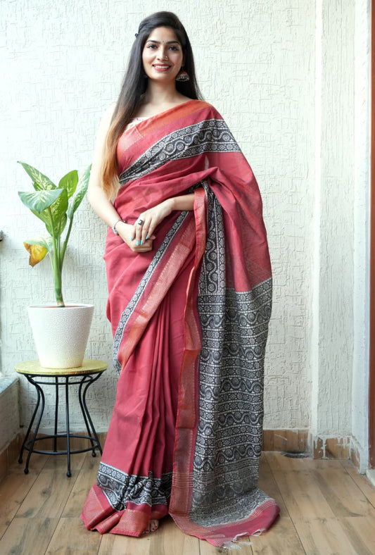 HAND BLOCK BAGRU PRINTED ART SILK CHANDERI SAREE WITH BLOUSE  (CIH7)