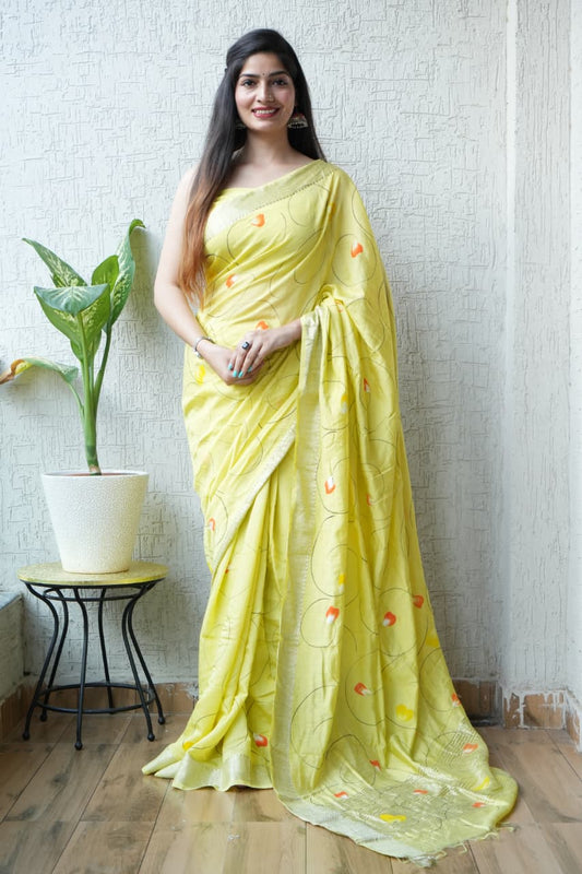 HAND BLOCK BAGRU PRINTED ART SILK CHANDERI SAREE WITH BLOUSE  (CIH9)