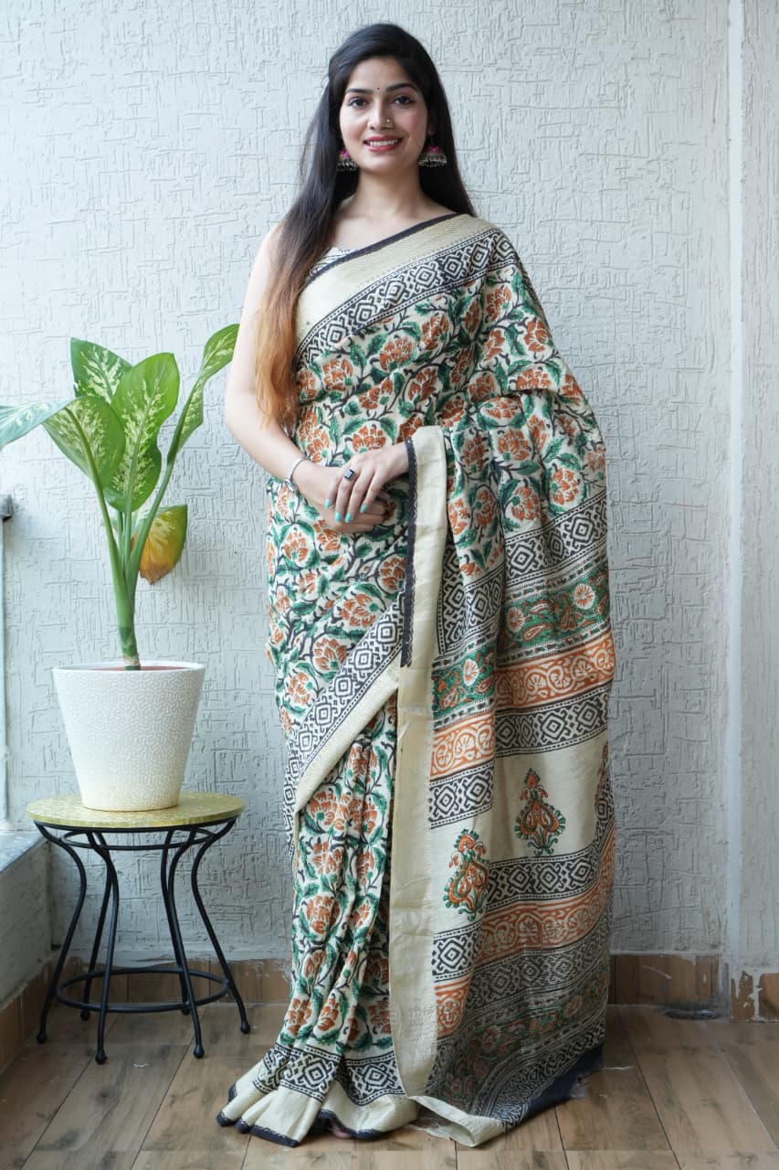 HAND BLOCK BAGRU PRINTED ART SILK CHANDERI SAREE WITH BLOUSE  (CIH10)