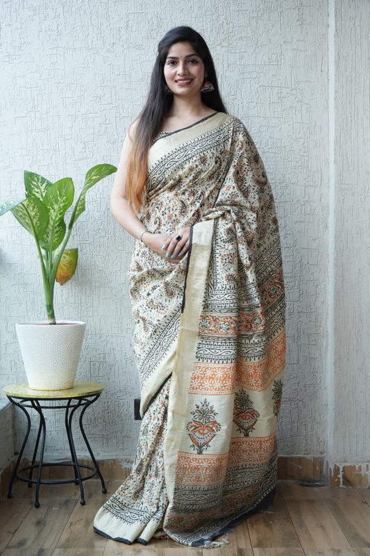 HAND BLOCK BAGRU PRINTED ART SILK CHANDERI SAREE WITH BLOUSE  (CIH11)