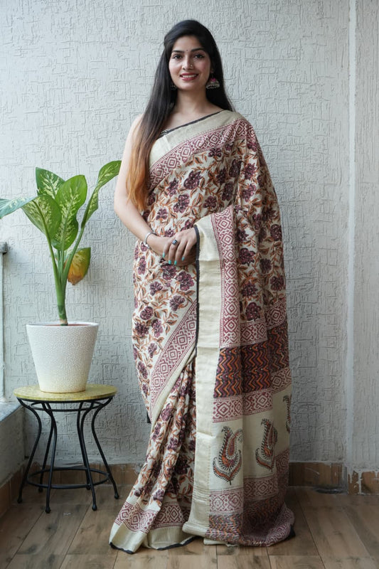 HAND BLOCK BAGRU PRINTED ART SILK CHANDERI SAREE WITH BLOUSE  (CIH12)