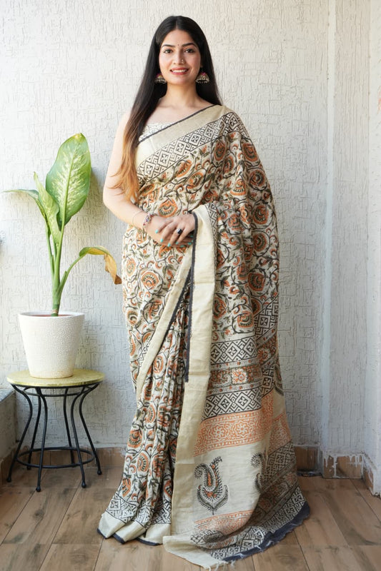 HAND BLOCK BAGRU PRINTED ART SILK CHANDERI SAREE WITH BLOUSE  (CIH13)