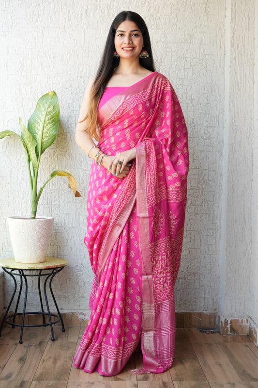 HAND BLOCK BAGRU PRINTED ART SILK CHANDERI SAREE WITH BLOUSE  (CIH14)