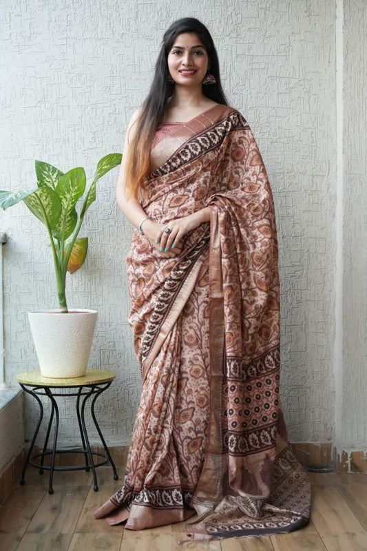 HAND BLOCK BAGRU PRINTED ART SILK CHANDERI SAREE WITH BLOUSE  (CIH15)