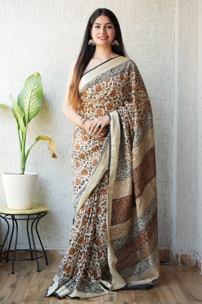 HAND BLOCK BAGRU PRINTED ART SILK CHANDERI SAREE WITH BLOUSE  (CIH16)