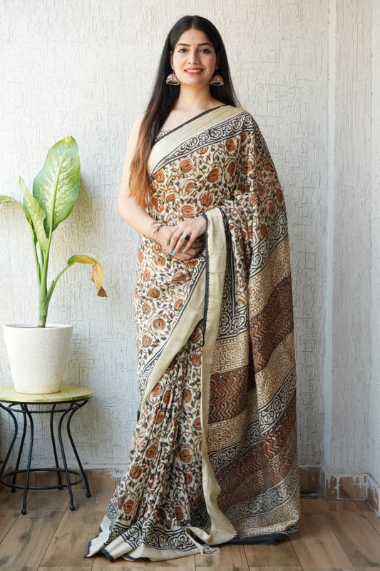 HAND BLOCK BAGRU PRINTED ART SILK CHANDERI SAREE WITH BLOUSE  (CIH16)