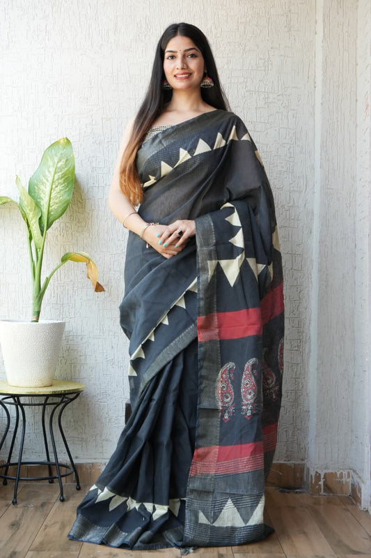 HAND BLOCK BAGRU PRINTED ART SILK CHANDERI SAREE WITH BLOUSE  (CIH17)