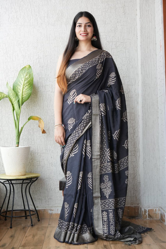 HAND BLOCK BAGRU PRINTED ART SILK CHANDERI SAREE WITH BLOUSE  (CIH20)