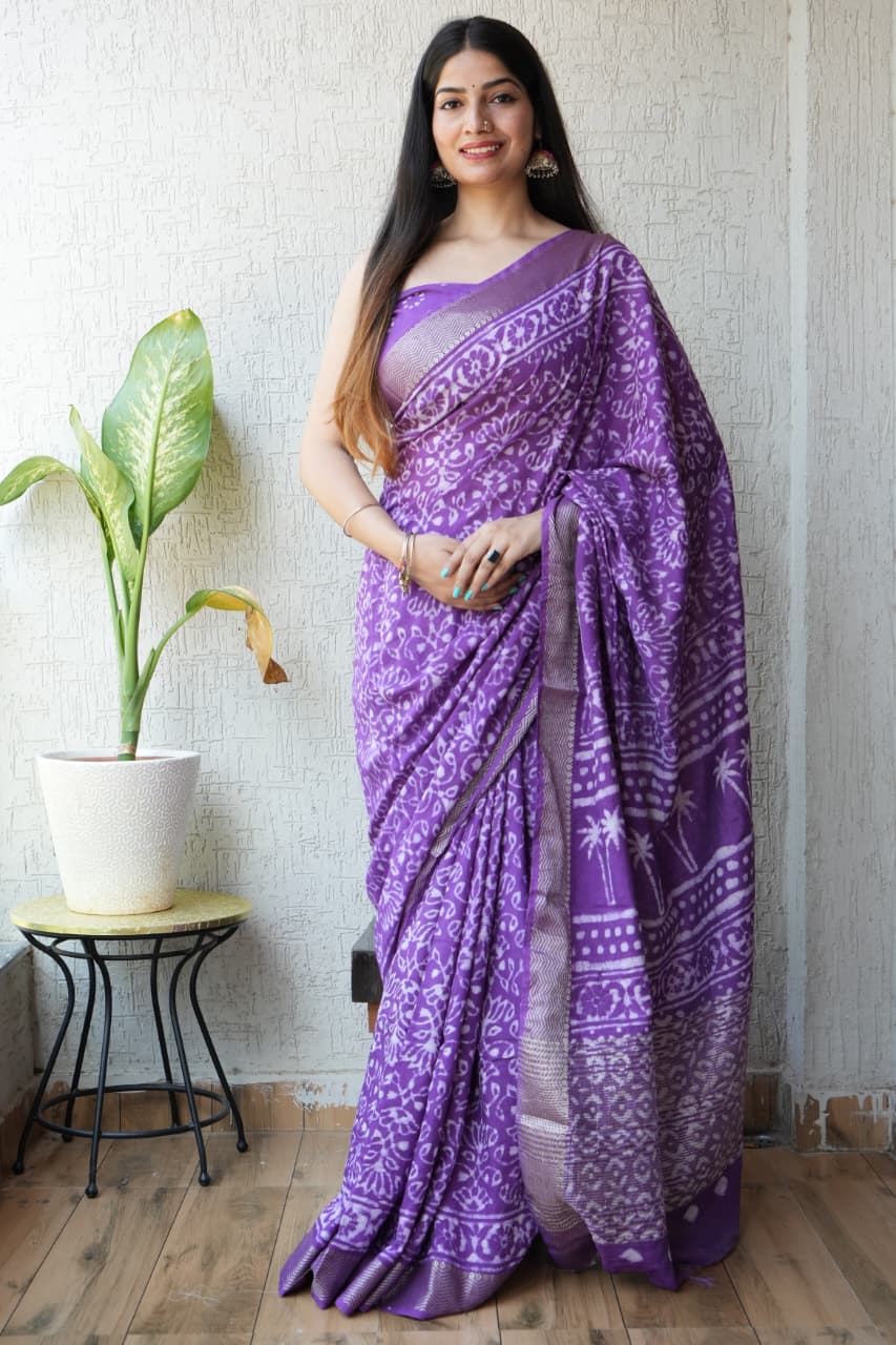 HAND BLOCK BAGRU PRINTED ART SILK CHANDERI SAREE WITH BLOUSE  (CIH21)