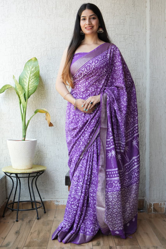 HAND BLOCK BAGRU PRINTED ART SILK CHANDERI SAREE WITH BLOUSE  (CIH21)