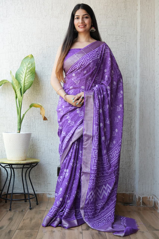 HAND BLOCK BAGRU PRINTED ART SILK CHANDERI SAREE WITH BLOUSE  (CIH22)