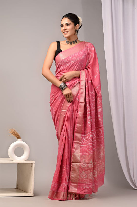 HAND BLOCK BAGRU PRINTED ART SILK CHANDERI SAREE WITH BLOUSE  (CIH23)